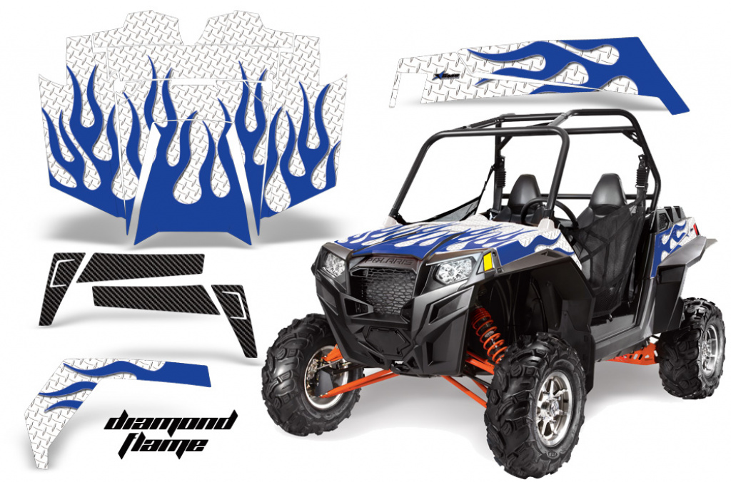 Diamond Flames Hintergrund = Weiß, Designfarbe = Blau für Polaris RZR 900XP 11-14