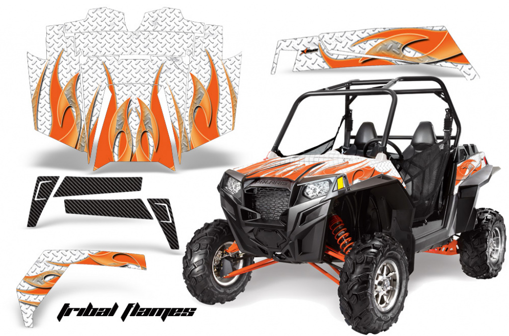 Tribal Flames Hintergrund = Weiß, Designfarbe = Orange für Polaris RZR 900XP 11-14