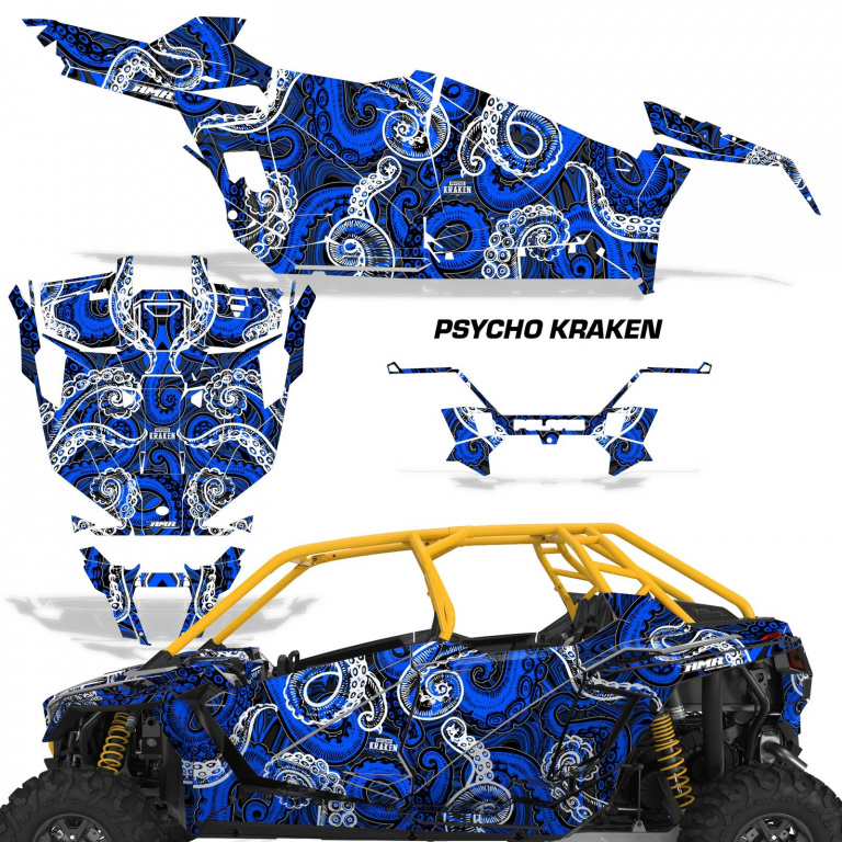 Psycho Kraken Hintergrund = Schwarz, Designfarbe = Blau für Polaris RZR Pro XP 4 Türer 20-24