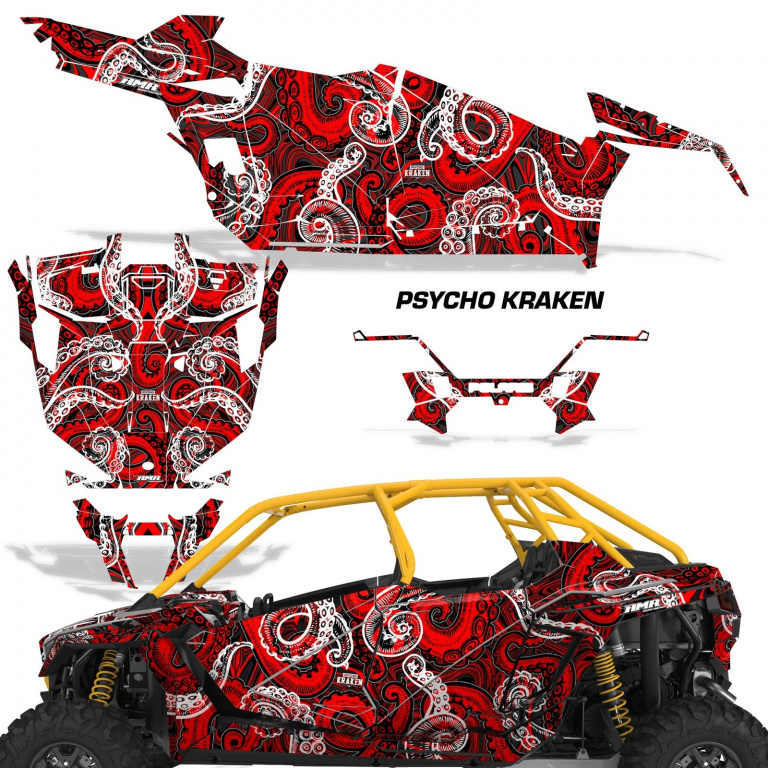 Psycho Kraken Hintergrund = Schwarz, Designfarbe = Rot für Polaris RZR Pro XP 4 Türer 20-24