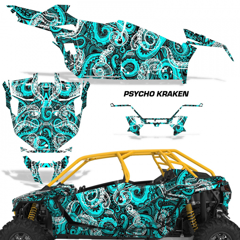 Psycho Kraken Hintergrund = Schwarz, Designfarbe = Teal Blau für Polaris RZR Pro XP 4 Türer 20-24