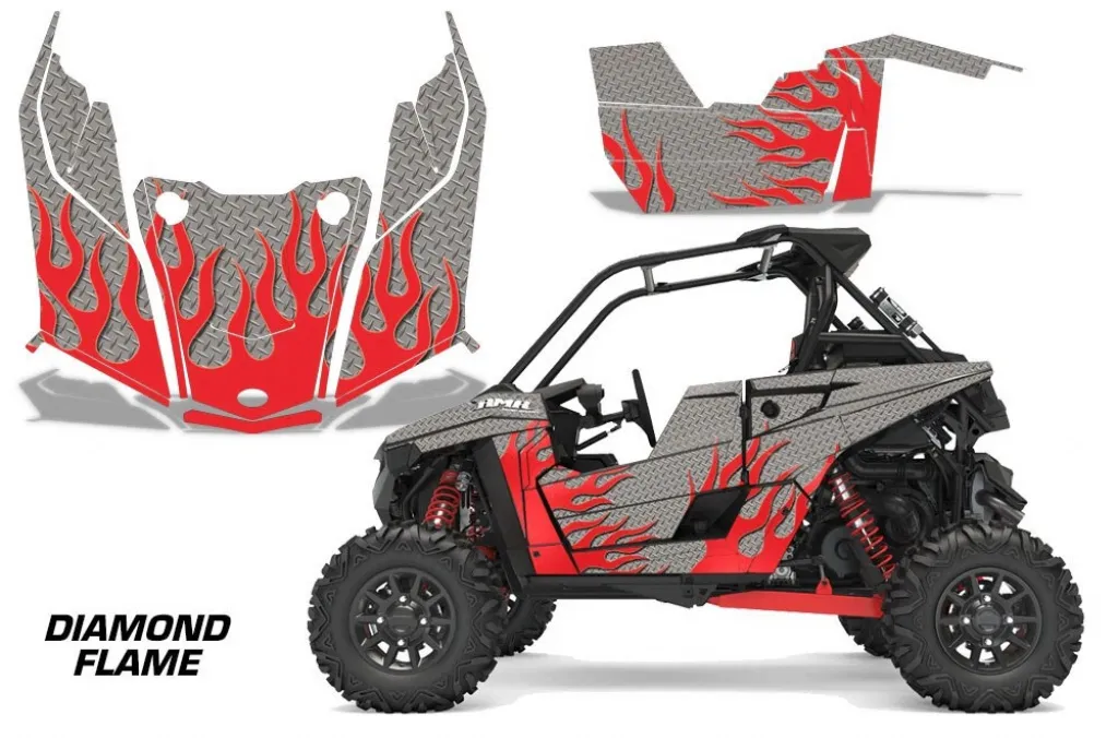 Diamond Flames Background = Silver, Design color = Red for Polaris RZR RS1