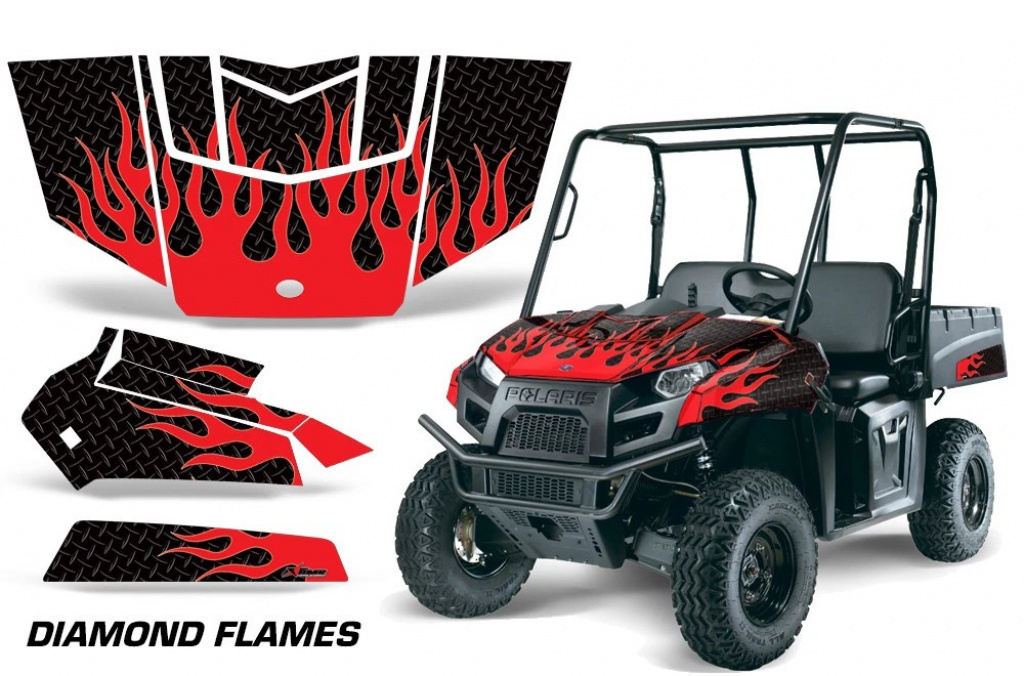 Diamond Flames Hintergrund = Schwarz, Designfarbe = Rot für Polaris Ranger EV Electric 09-15