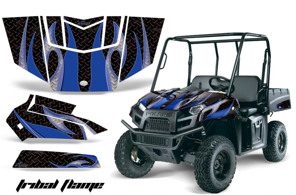 Tribal Flame Hintergrund = Schwarz, Designfarbe = Blau für Polaris Ranger EV Electric 09-15