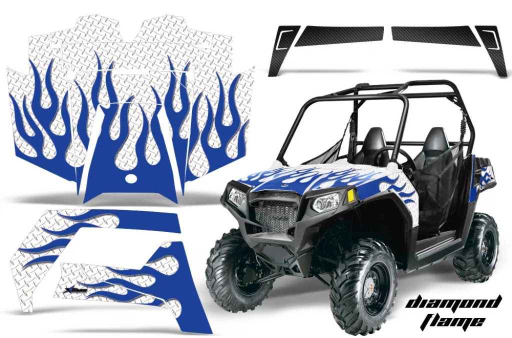 Diamond Flames Background = White, Design color = Blue for Polaris Ranger RZR 570