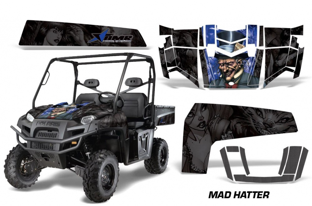 Mad-Hatter Hintergrund = Schwarz, Designfarbe = Blau für Polaris Ranger XP500-900D 10-14
