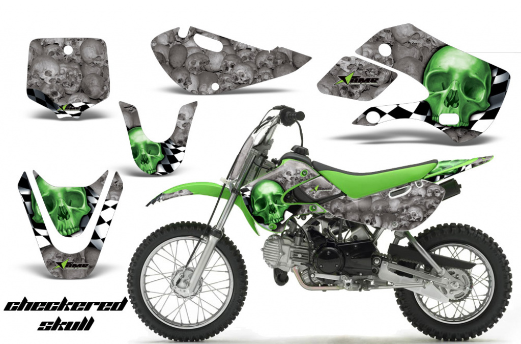 Checkered Skull Hintergrund = Silber, Designfarbe = Grün mit Nummernfeldern für Suzuki RM 65 All Years