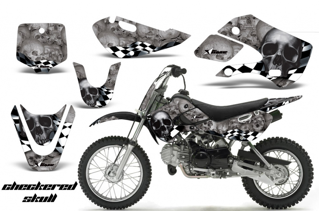Checkered Skull Hintergrund = Silber, Designfarbe = Schwarz mit Nummernfeldern für Suzuki RM 65 All Years