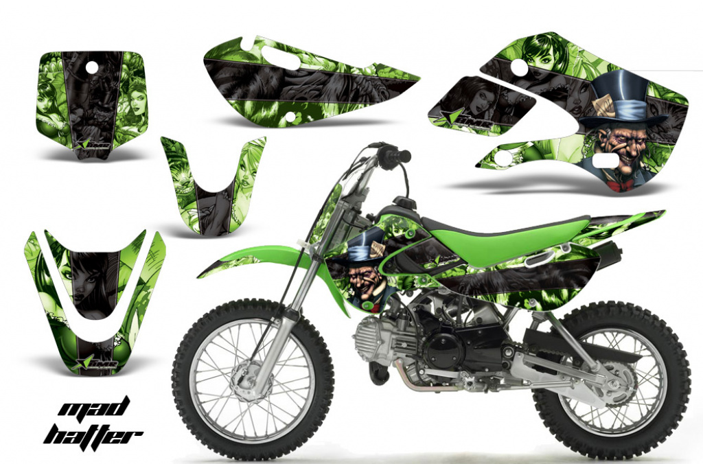 Mad-Hatter Hintergrund = Grün, Designfarbe = Schwarz mit Nummernfeldern für Suzuki RM 65 All Years
