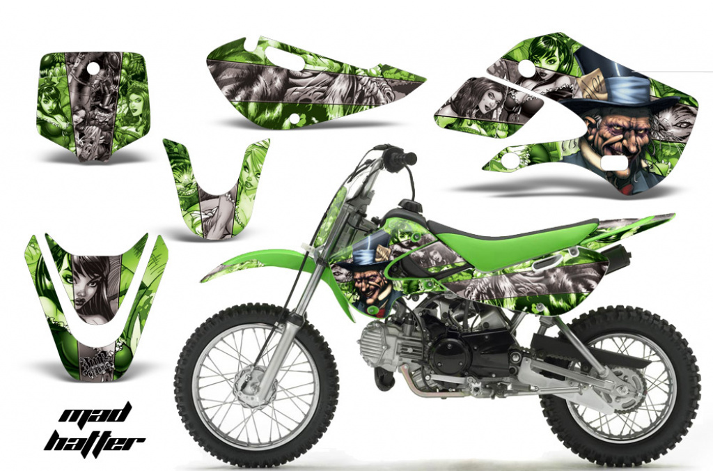 Mad-Hatter Hintergrund = Grün, Designfarbe = Silber mit Nummernfeldern für Suzuki RM 65 All Years