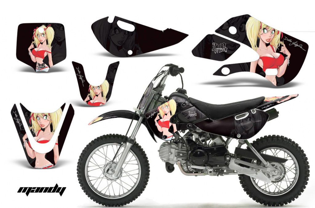 Mandy Hintergrund = Schwarz, Designfarbe = Rot mit Nummernfeldern für Suzuki RM 65 All Years