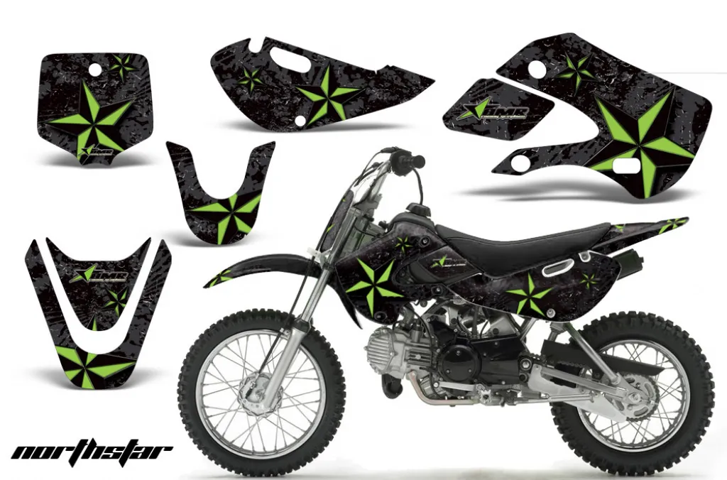 Northstar Hintergrund = Schwarz, Designfarbe = Grün mit Nummernfeldern für Suzuki DRZ 110 All Years