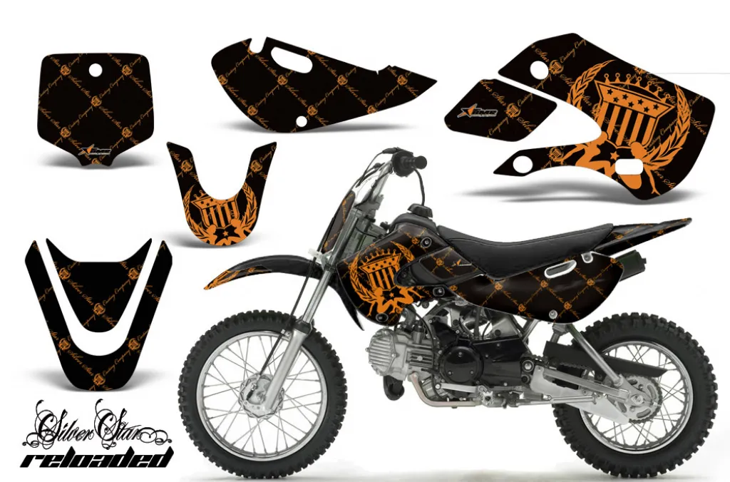 SilverStar-Reloaded Hintergrund = Schwarz, Designfarbe = Orange mit Nummernfeldern für Suzuki DRZ 110 All Years
