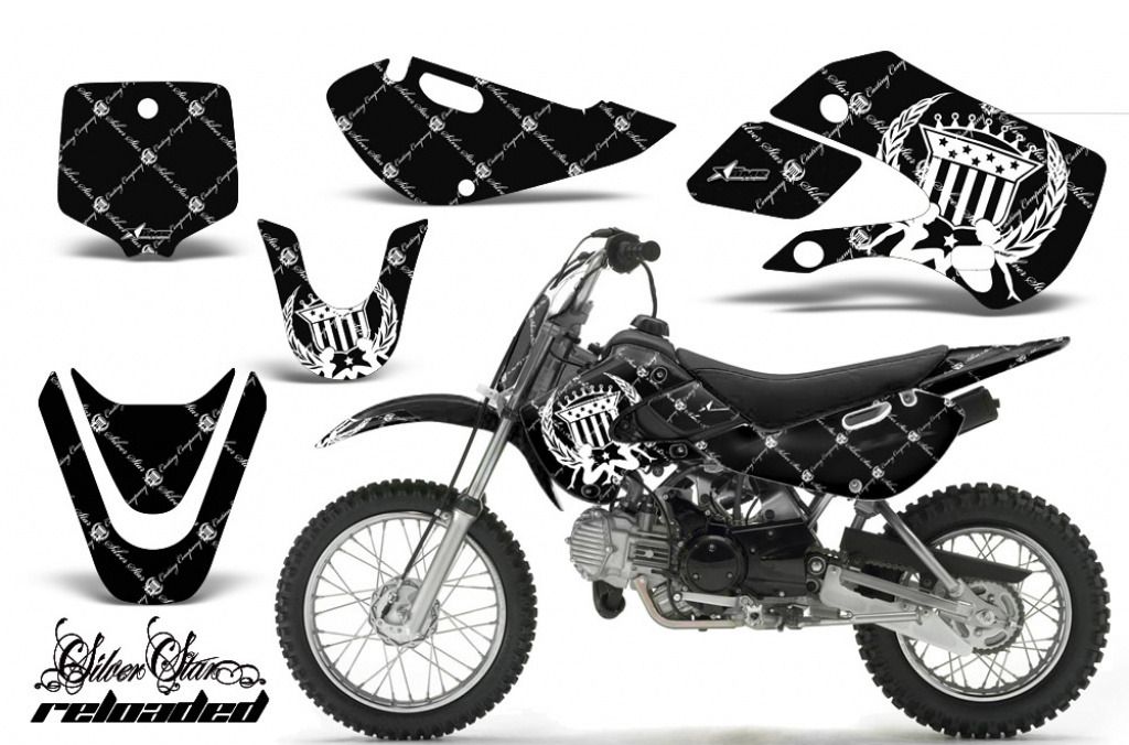 SilverStar-Reloaded Hintergrund = Schwarz, Designfarbe = Weiß mit Nummernfeldern für Suzuki RM 65 All Years