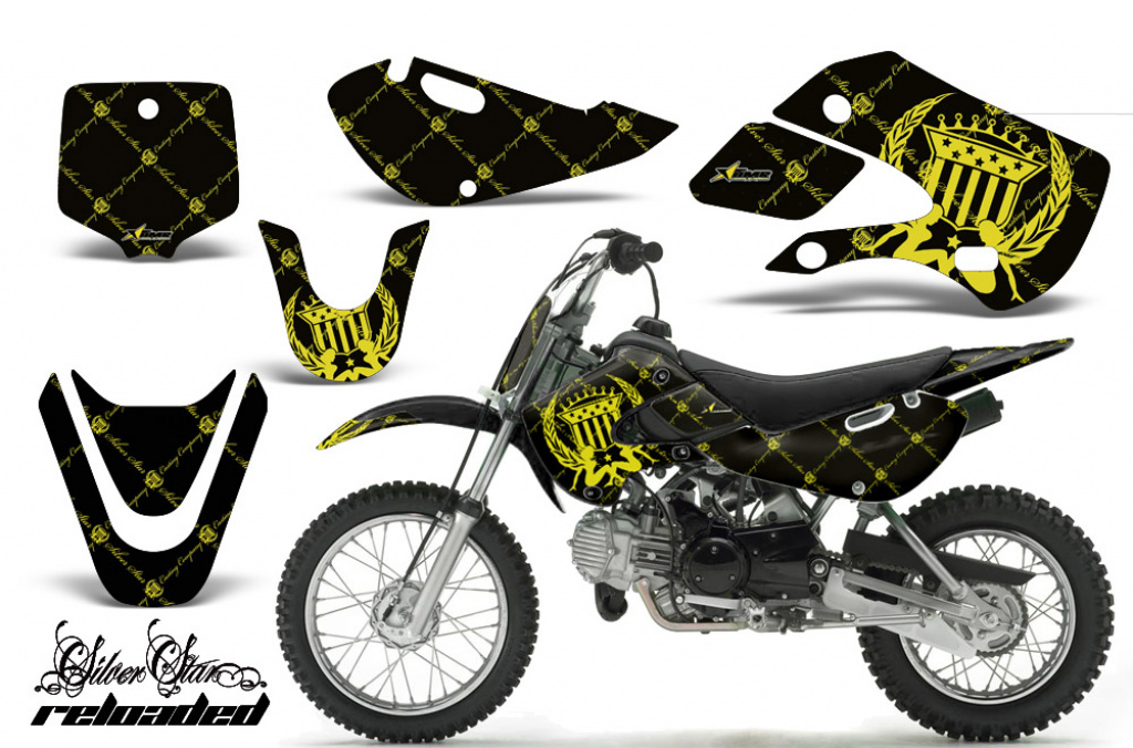 SilverStar-Reloaded Hintergrund = Schwarz, Designfarbe = Gelb mit Nummernfeldern für Suzuki RM 65 All Years