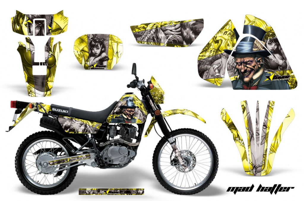 Mad-Hatter Hintergrund = Gelb, Designfarbe = Silber mit Nummernfeldern für Suzuki DRZ 200 SE 1996-2009