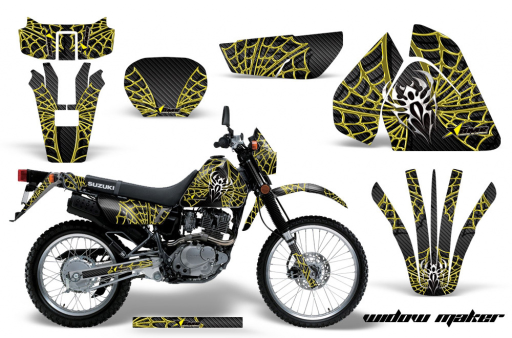 Widow Maker Hintergrund = Schwarz, Designfarbe = Gelb mit Nummernfeldern für Suzuki DRZ 200 SE 1996-2009