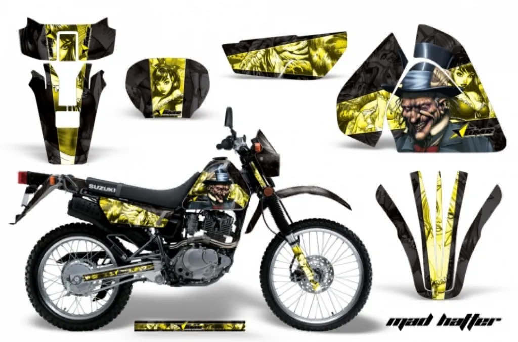 Mad-Hatter Hintergrund = Schwarz, Designfarbe = Gelb mit Nummernfeldern für Suzuki DRZ 200 SE 1996-2009