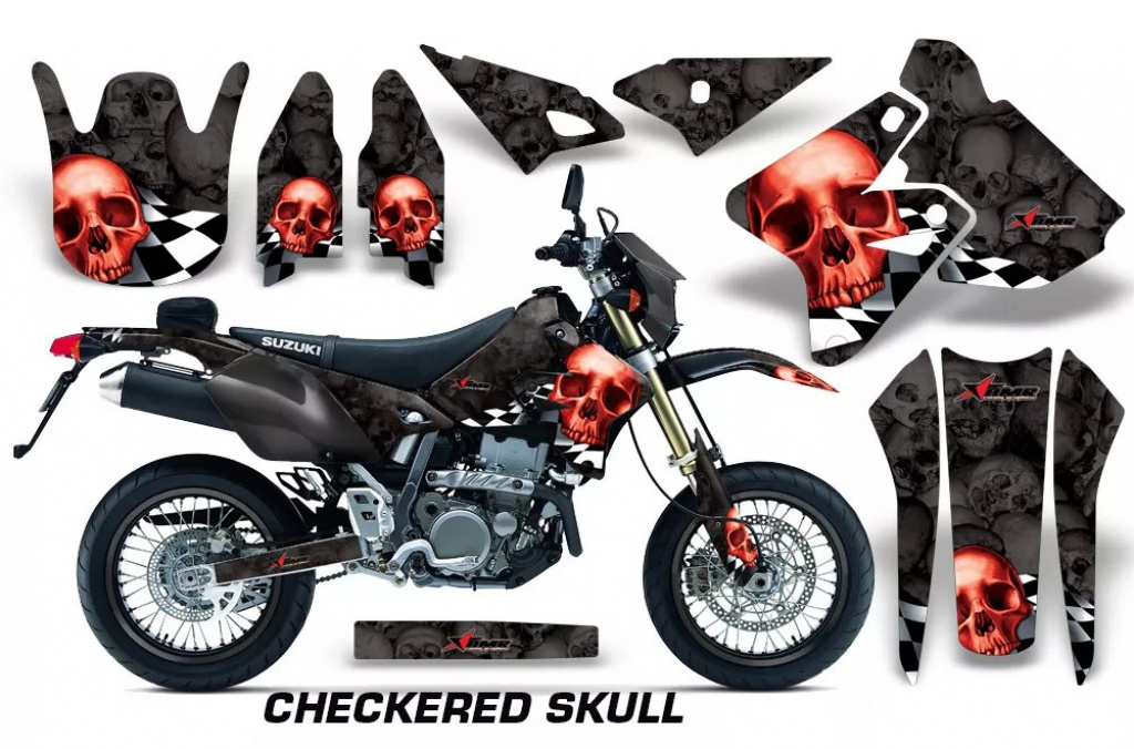 Checkered Skull Hintergrund = Schwarz, Designfarbe = Rot ohne Nummernfeldern für Suzuki DRZ 400 S/SM 2000-2023