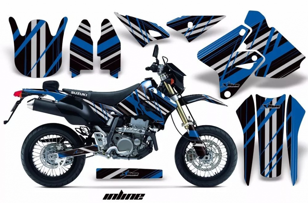 In Line Hintergrund = Schwarz, Designfarbe = Blau ohne Nummernfeldern für Suzuki DRZ 400 S/SM 2000-2023
