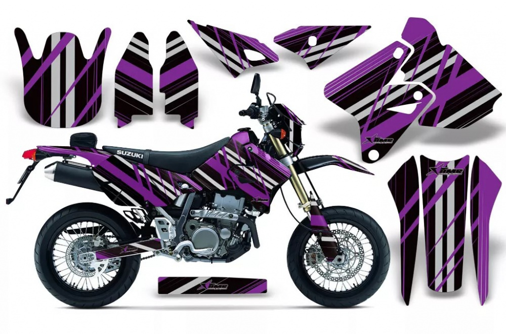 In Line Hintergrund = Schwarz, Designfarbe = Lila mit Nummernfeldern für Suzuki DRZ 400 S/SM 2000-2023