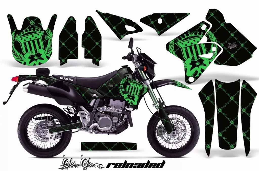 SilverStar-Reloaded Hintergrund = Schwarz, Designfarbe = Grün ohne Nummernfeldern für Suzuki DRZ 400 S/SM 2000-2023