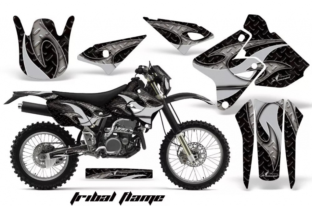 Tribal Flames Hintergrund = Schwarz, Designfarbe = Silber mit Nummernfeldern für Suzuki DRZ 400 S/SM 2000-2023