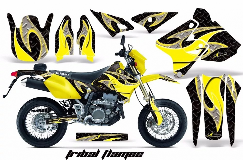 Tribal Flames Hintergrund = Schwarz, Designfarbe = Gelb ohne Nummernfeldern für Suzuki DRZ 400 S/SM 2000-2023