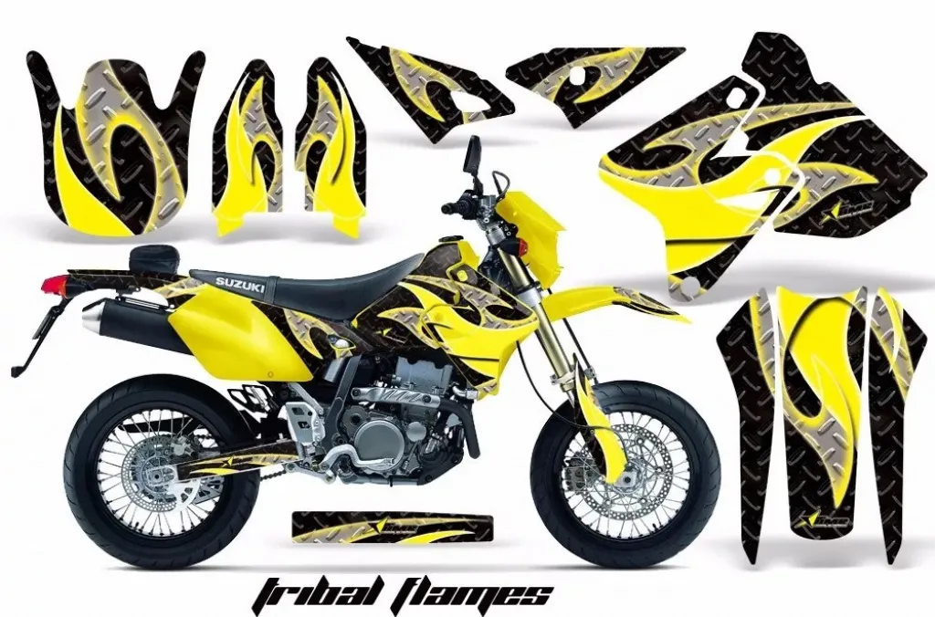 Tribal Flames Hintergrund = Schwarz, Designfarbe = Gelb ohne Nummernfeldern für Suzuki DRZ 400 S/SM 2000-2023