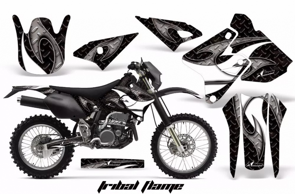 Tribal Flames Hintergrund = Schwarz, Designfarbe = Weiß ohne Nummernfeldern für Suzuki DRZ 400 S/SM 2000-2023