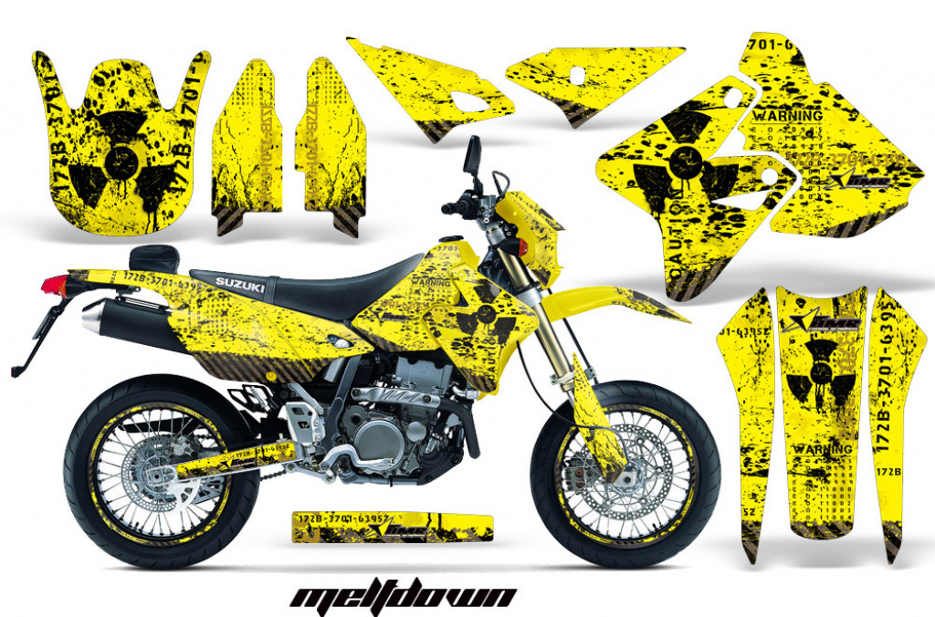 Meltdown Hintergrund = Gelb, Designfarbe = Schwarz mit Nummernfeldern für Suzuki DRZ 400 S/SM 2000-2023