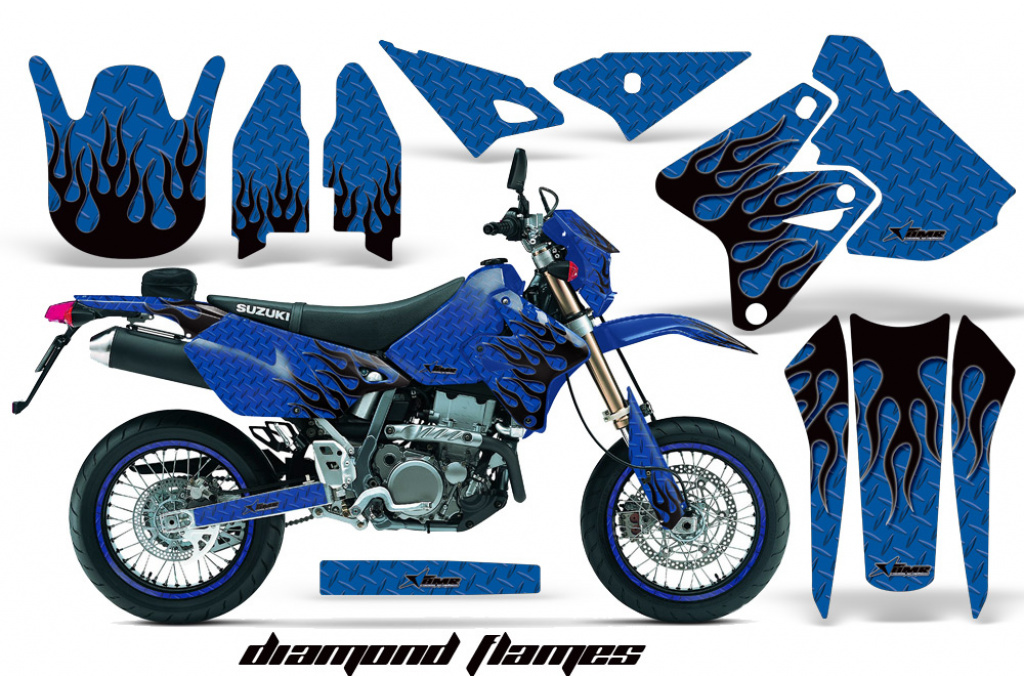 Diamond Flames Hintergrund = Blau, Designfarbe = Schwarz mit Nummernfeldern für Suzuki DRZ 400 S/SM 2000-2023