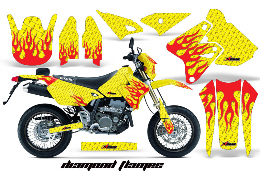 Diamond Flames Hintergrund = Gelb, Designfarbe = Rot mit Nummernfeldern für Suzuki DRZ 400 S/SM 2000-2023