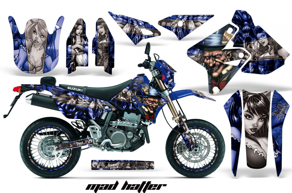 Mad-Hatter Hintergrund = Blau, Designfarbe = Sllber mit Nummernfeldern für Suzuki DRZ 400 S/SM 2000-2023