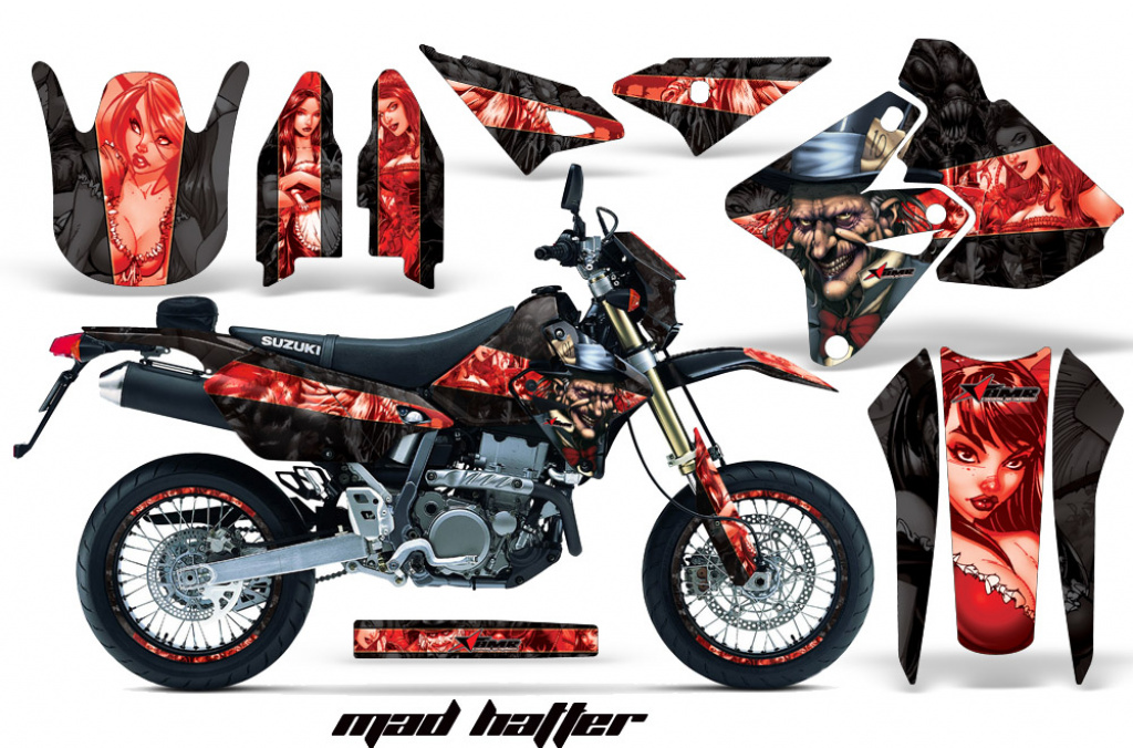 Mad-Hatter Hintergrund = Schwarz, Designfarbe = Rot mit Nummernfeldern für Suzuki DRZ 400 S/SM 2000-2023