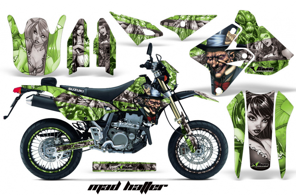 Mad-Hatter Hintergrund = Grün, Designfarbe = Sllber mit Nummernfeldern für Suzuki DRZ 400 S/SM 2000-2023