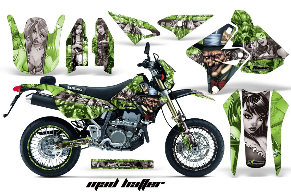 Mad-Hatter Hintergrund = Grün, Designfarbe = Sllber mit Nummernfeldern für Suzuki DRZ 400 S/SM 2000-2023