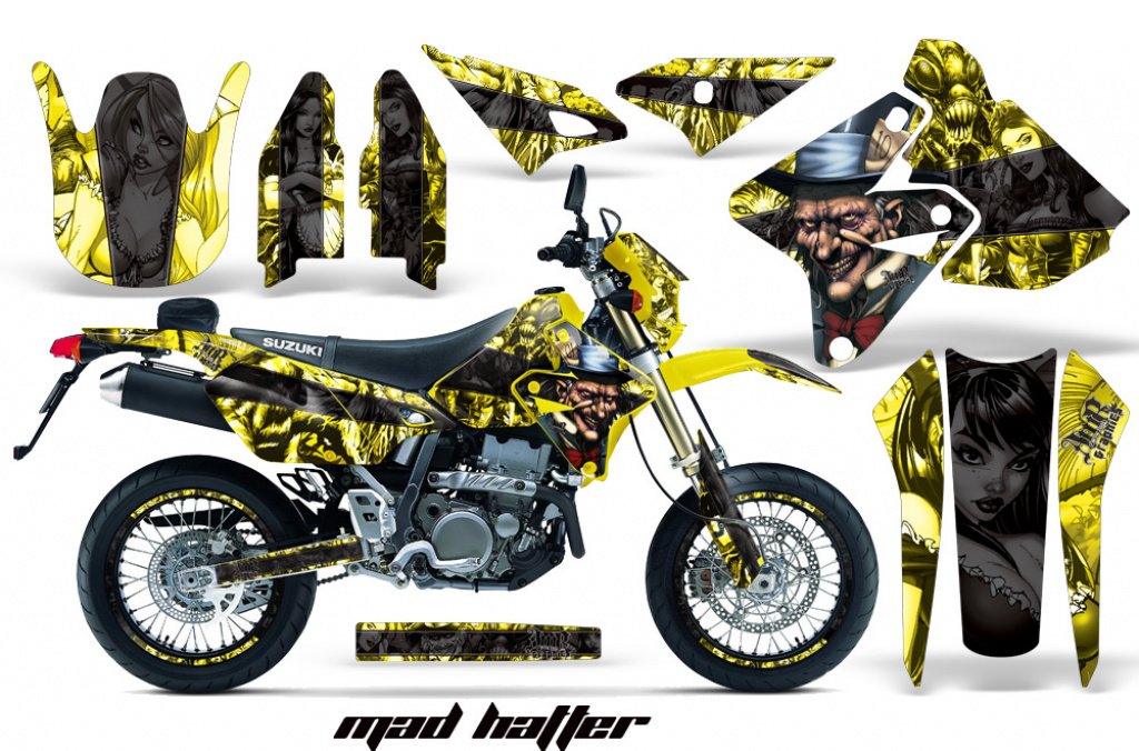 Mad-Hatter Hintergrund = Gelb, Designfarbe = Schwarz mit Nummernfeldern für Suzuki DRZ 400 S/SM 2000-2023