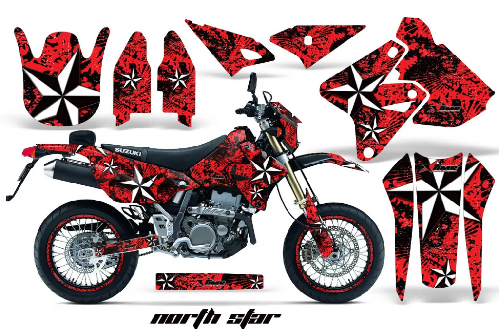 Northstar Hintergrund = Rot, Designfarbe = Weiß mit Nummernfeldern für Suzuki DRZ 400 S/SM 2000-2023