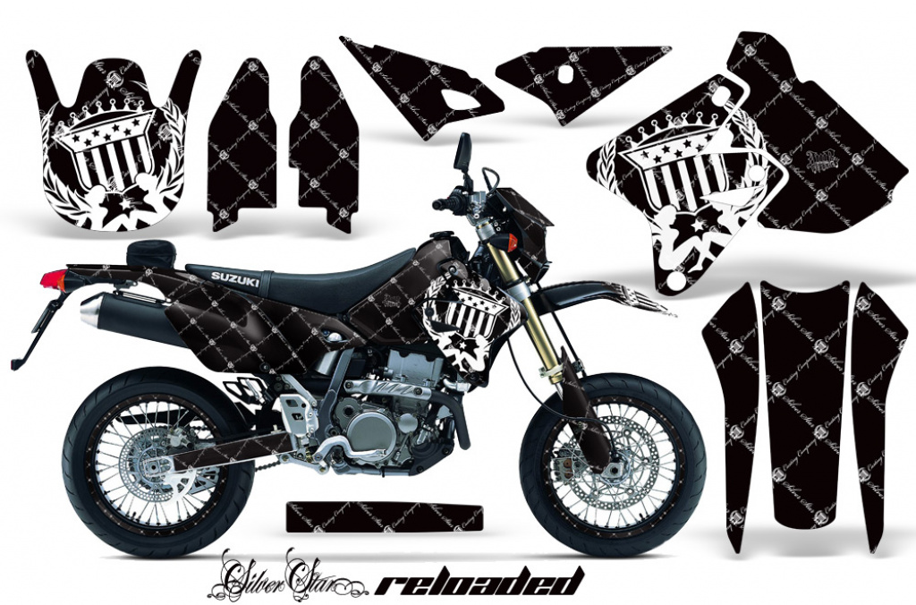SilverStar-Reloaded Hintergrund = Schwarz, Designfarbe = Weiß ohne Nummernfeldern für Suzuki DRZ 400 S/SM 2000-2023