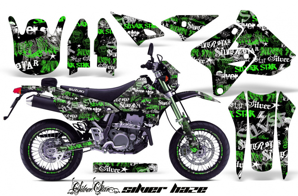 SilverStar-Silverhaze Hintergrund = Schwarz, Designfarbe = Grün mit Nummernfeldern für Suzuki DRZ 400 S/SM 2000-2023