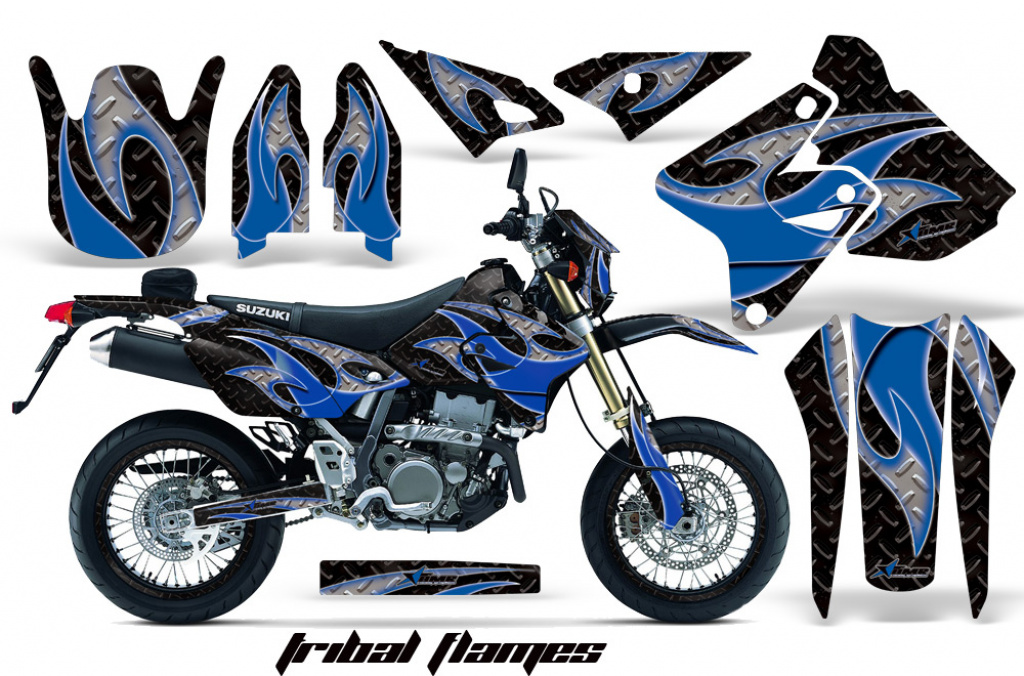 Tribal Flames Hintergrund = Schwarz, Designfarbe = Blau mit Nummernfeldern für Suzuki DRZ 400 S/SM 2000-2023