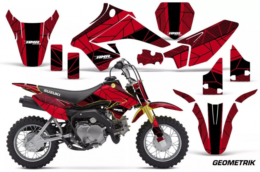 Geometrik Hintergrund = Schwarz, Designfarbe = Rot mit Nummernfeldern für Suzuki DRZ 70 2008-2016