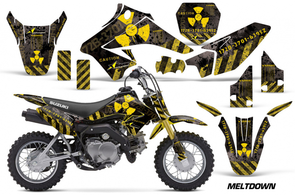 Meltdown Hintergrund = Schwarz, Designfarbe = Gelb mit Nummernfeldern für Suzuki DRZ 70 2008-2016