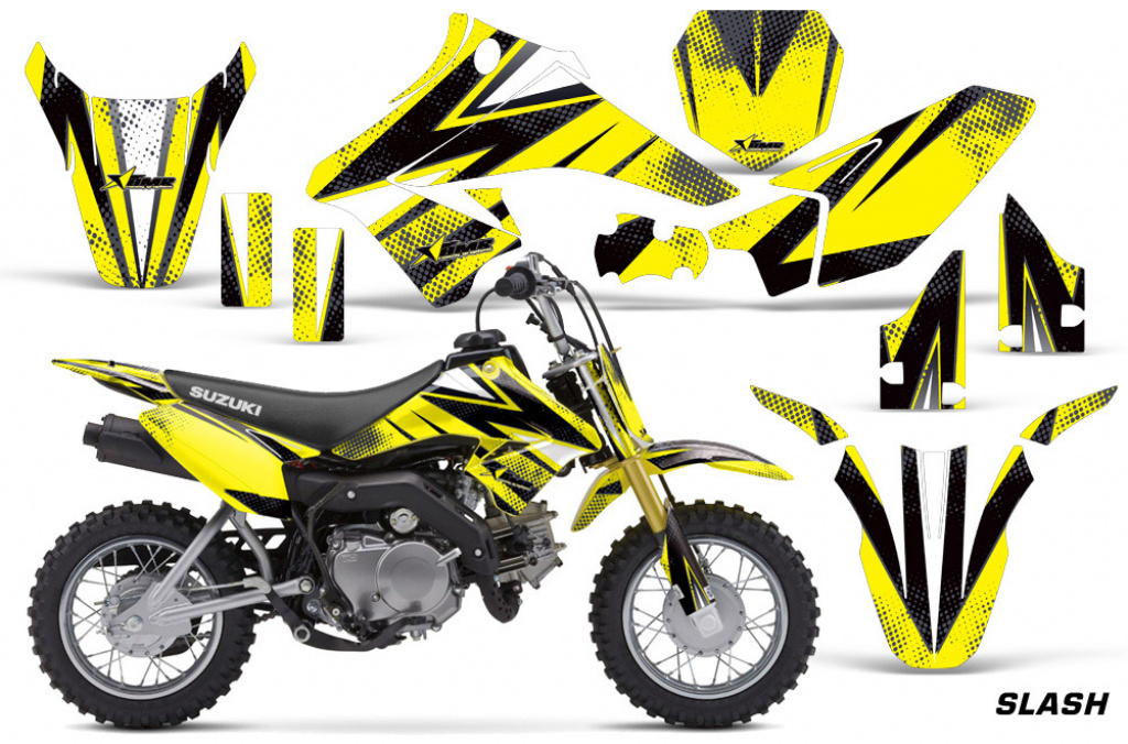 Slash Hintergrund = Gelb, Designfarbe = Schwarz mit Nummernfeldern für Suzuki DRZ 70 2008-2016