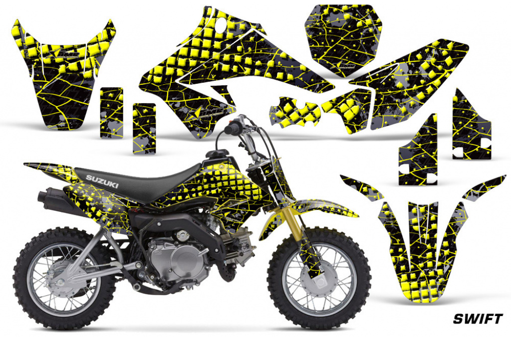 Swift Hintergrund = Schwarz, Designfarbe = Gelb mit Nummernfeldern für Suzuki DRZ 70 2008-2016