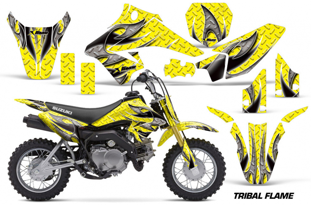 Tribal Flames Hintergrund = Gelb, Designfarbe = Schwarz mit Nummernfeldern für Suzuki DRZ 70 2008-2016