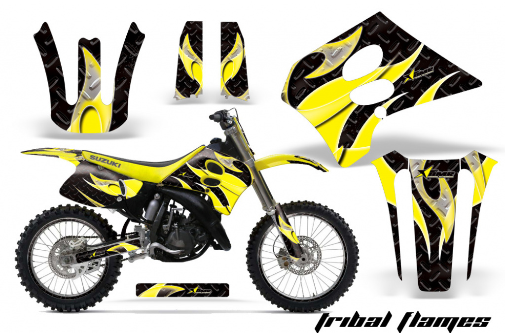 Tribal Flames Hintergrund = Schwarz, Designfarbe = Gelb mit Nummernfeldern für Suzuki RM 250 1993-1995