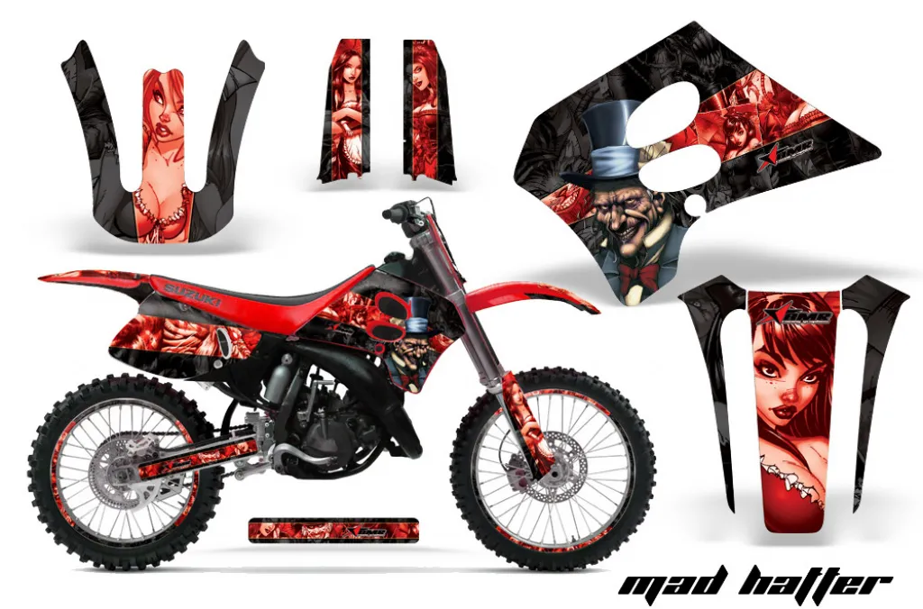 Mad-Hatter Hintergrund = Schwarz, Designfarbe = Rot mit Nummernfeldern für Suzuki RM 250 1993-1995