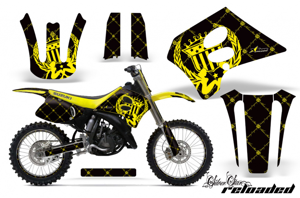 SilverStar-Reloaded Hintergrund = Schwarz, Designfarbe = Gelb mit Nummernfeldern für Suzuki RM 250 1993-1995